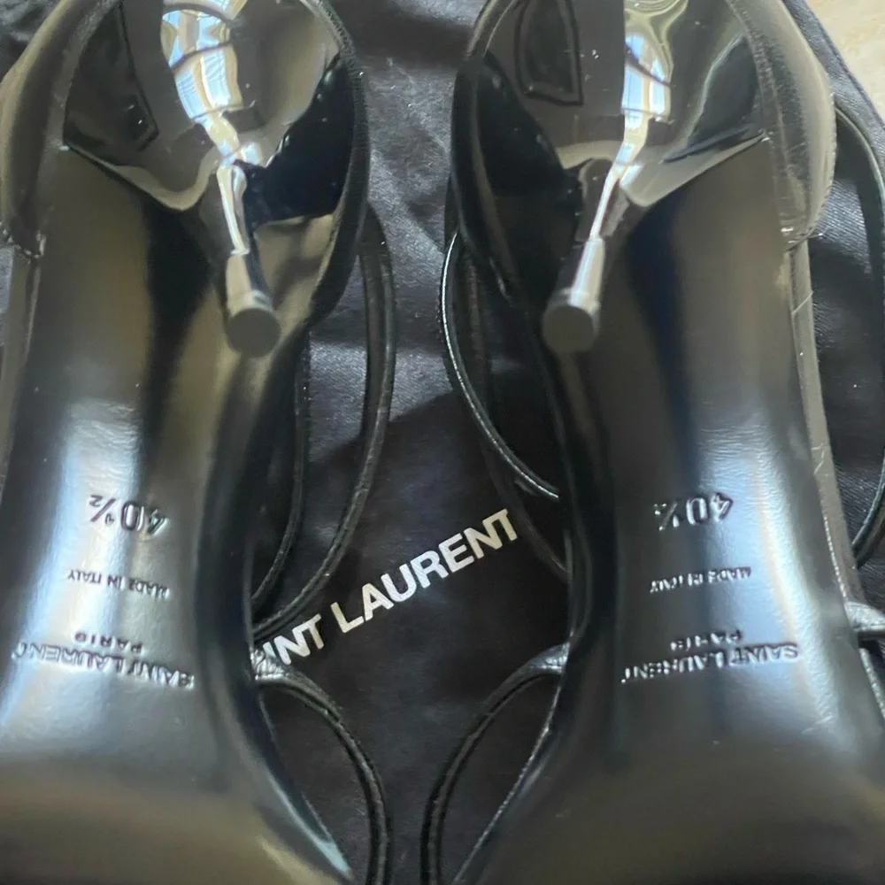 Saint Laurent Black Leather Stiletto Sandals with Gold YSL Logo - Picture 8 of 9
